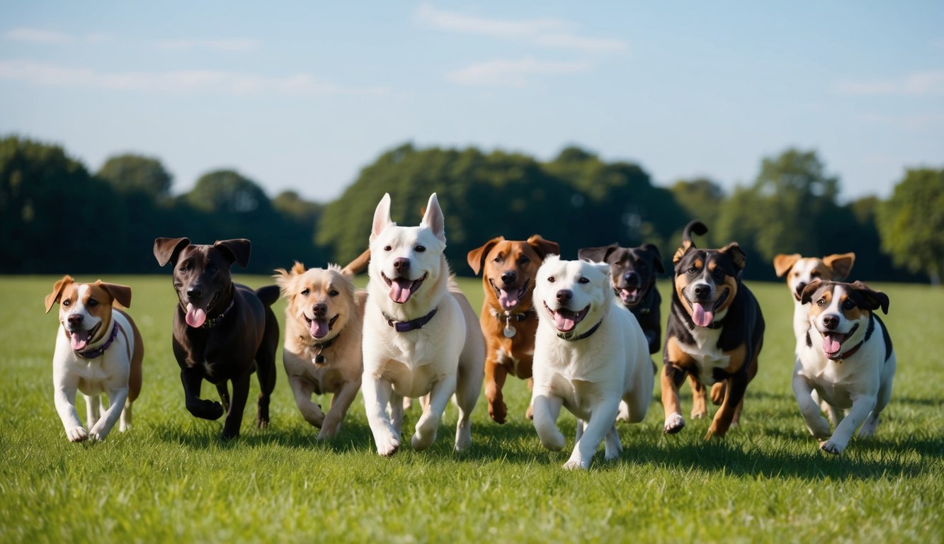 A group of 20 Aidi dogs of various colors and sizes play in a grassy field under a clear blue sky