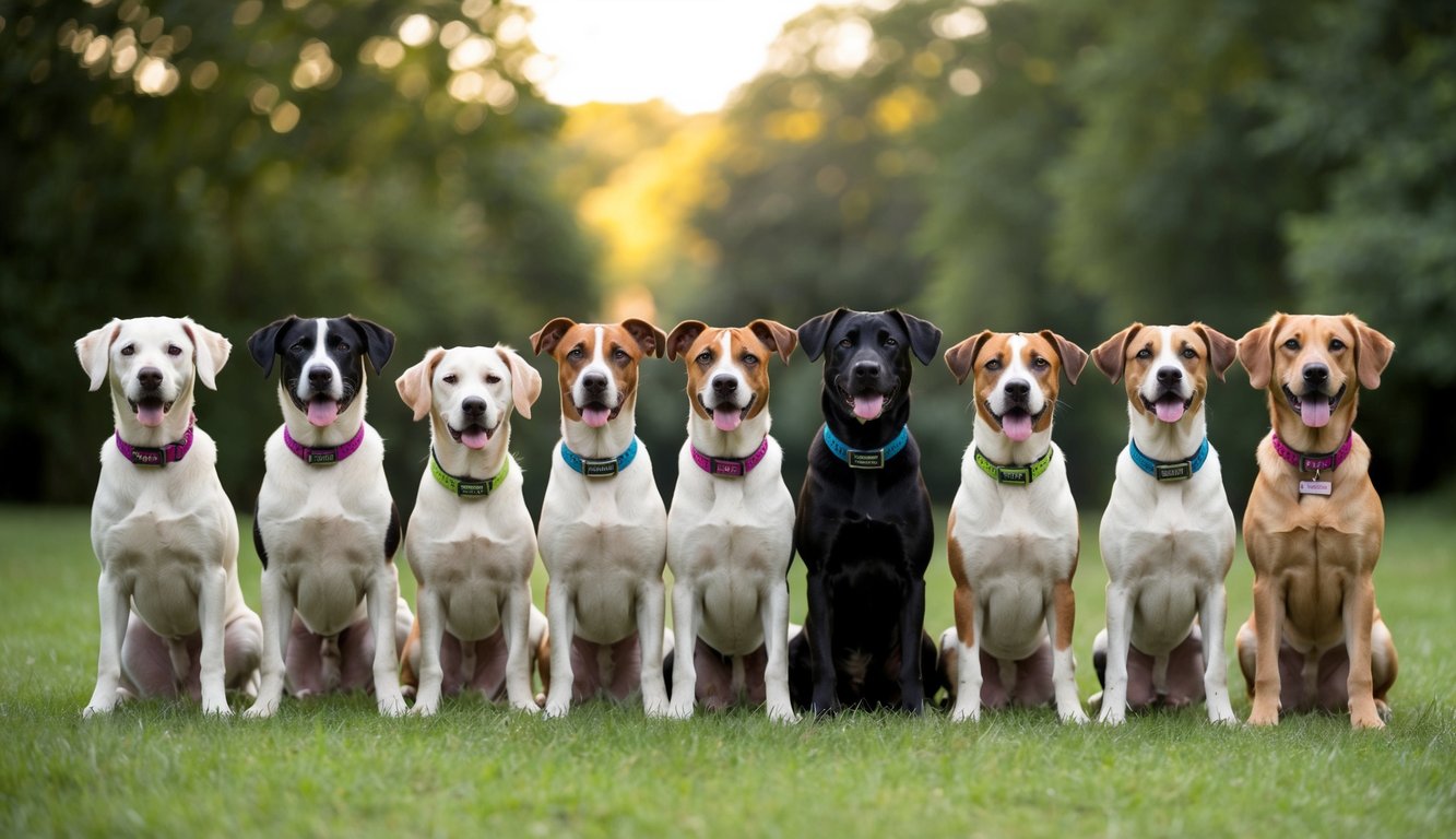 A group of 20 Aidi dogs of various colors and sizes standing in a circle, each wearing a unique collar with their name on it