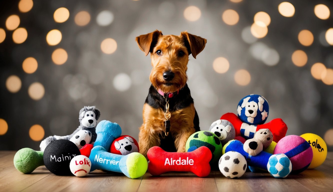 A young Airedale Terrier surrounded by 20 unique dog toys, each with a different name written on them