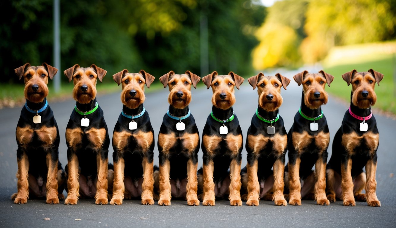 A group of 20 Airedale Terriers standing in a row, each with a unique name tag around their necks