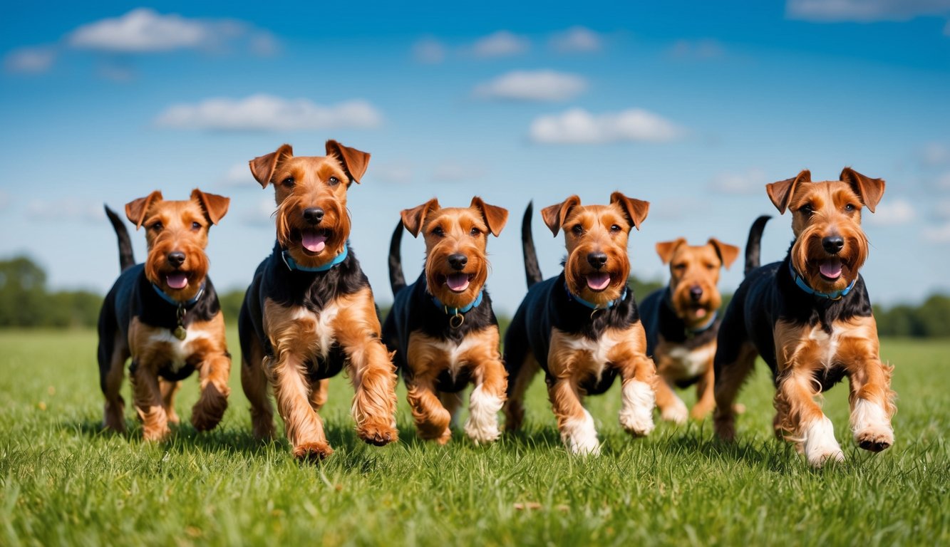 A group of Airedale Terriers playfully romp in a grassy field under a bright blue sky