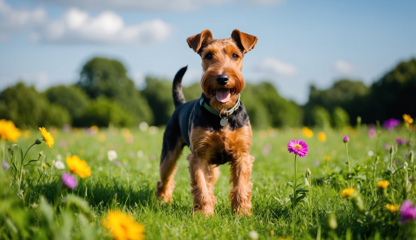 Airedale Terrier standing in a lush green field, with a playful expression and a shiny coat, surrounded by colorful flowers and a clear blue sky
