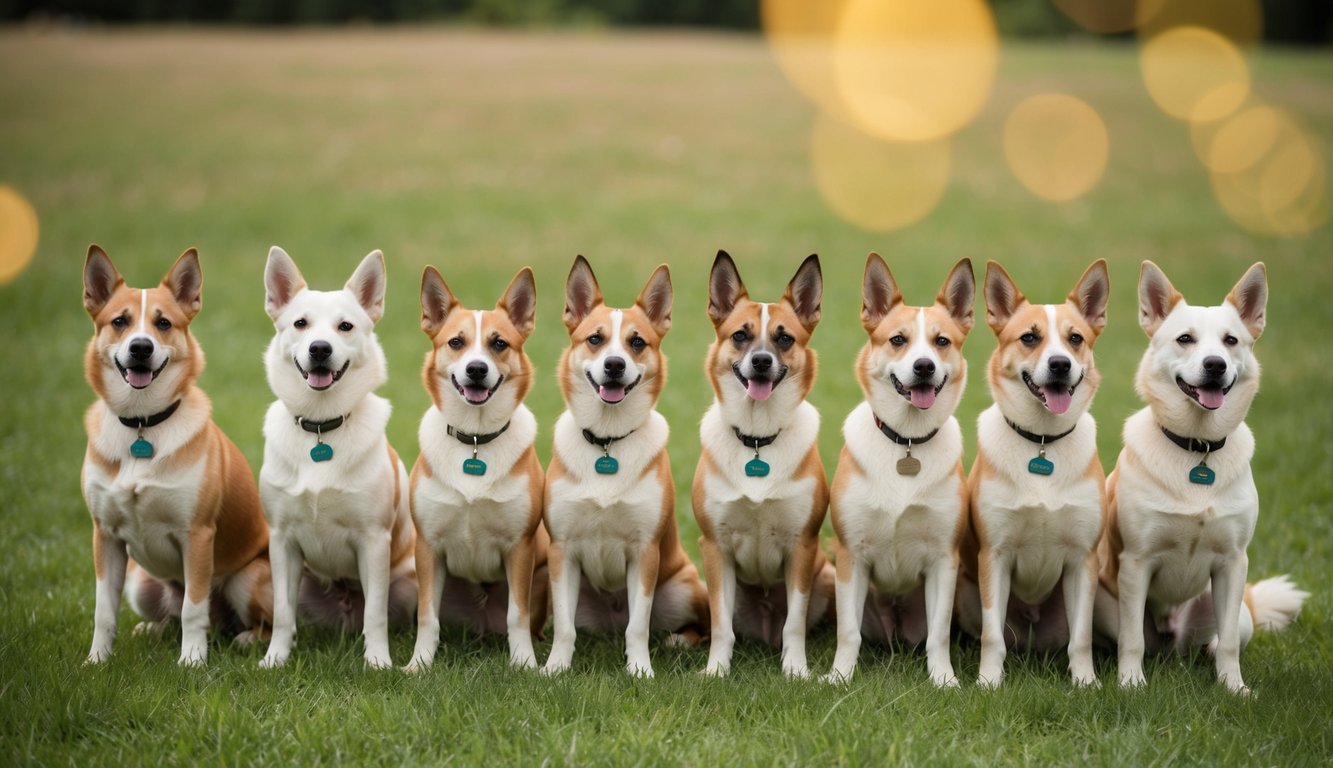 A group of 20 Akbash dogs standing in a grassy field, each with a unique name tag around their necks