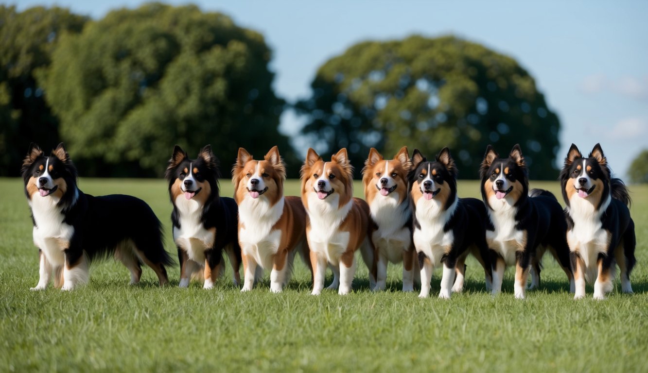A group of 20 Akbash dogs standing in a grassy field, with a clear blue sky in the background