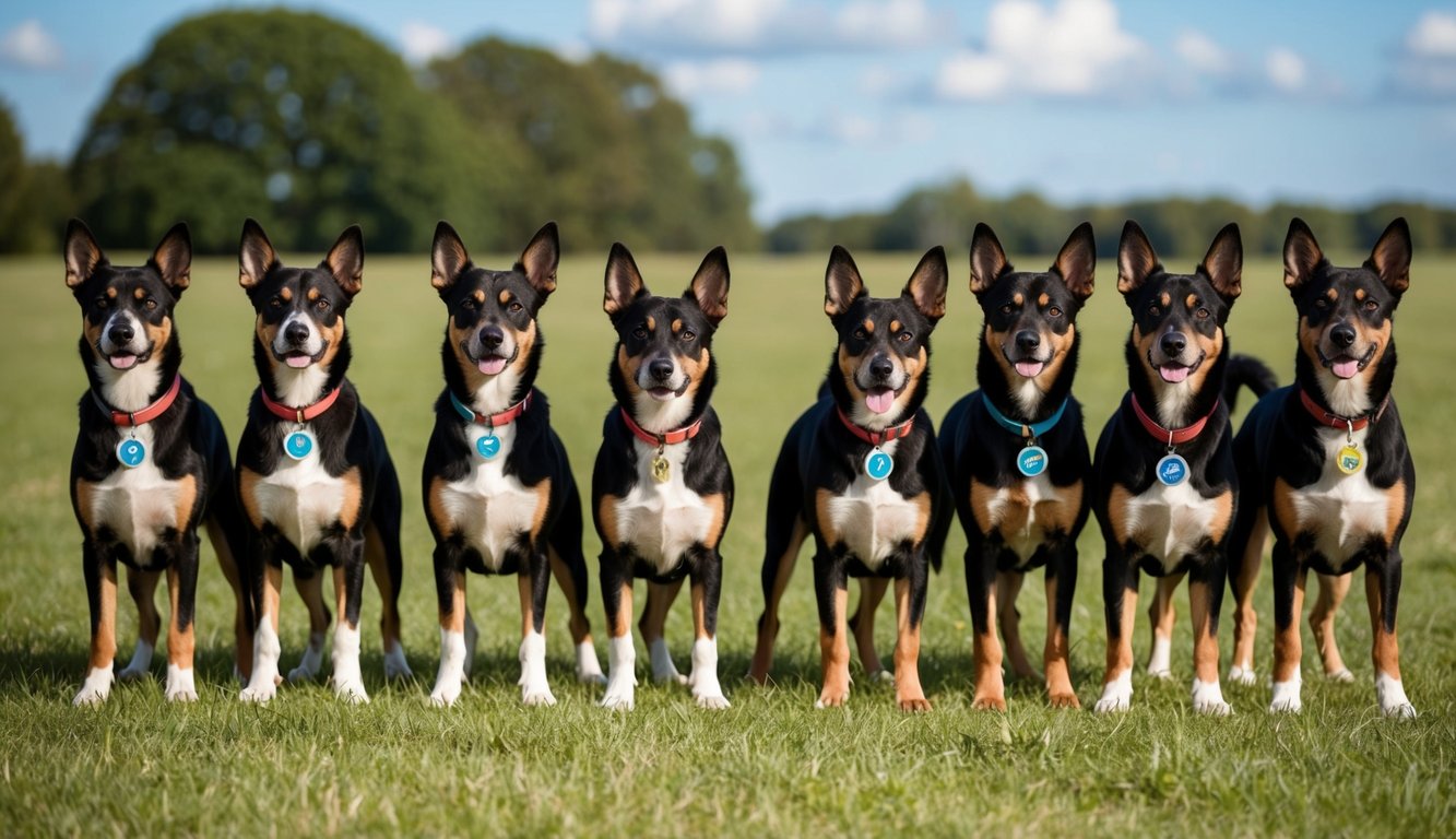 A group of 20 Akbash dogs standing in a row, each with a unique name tag around their necks, surrounded by a grassy field and blue sky