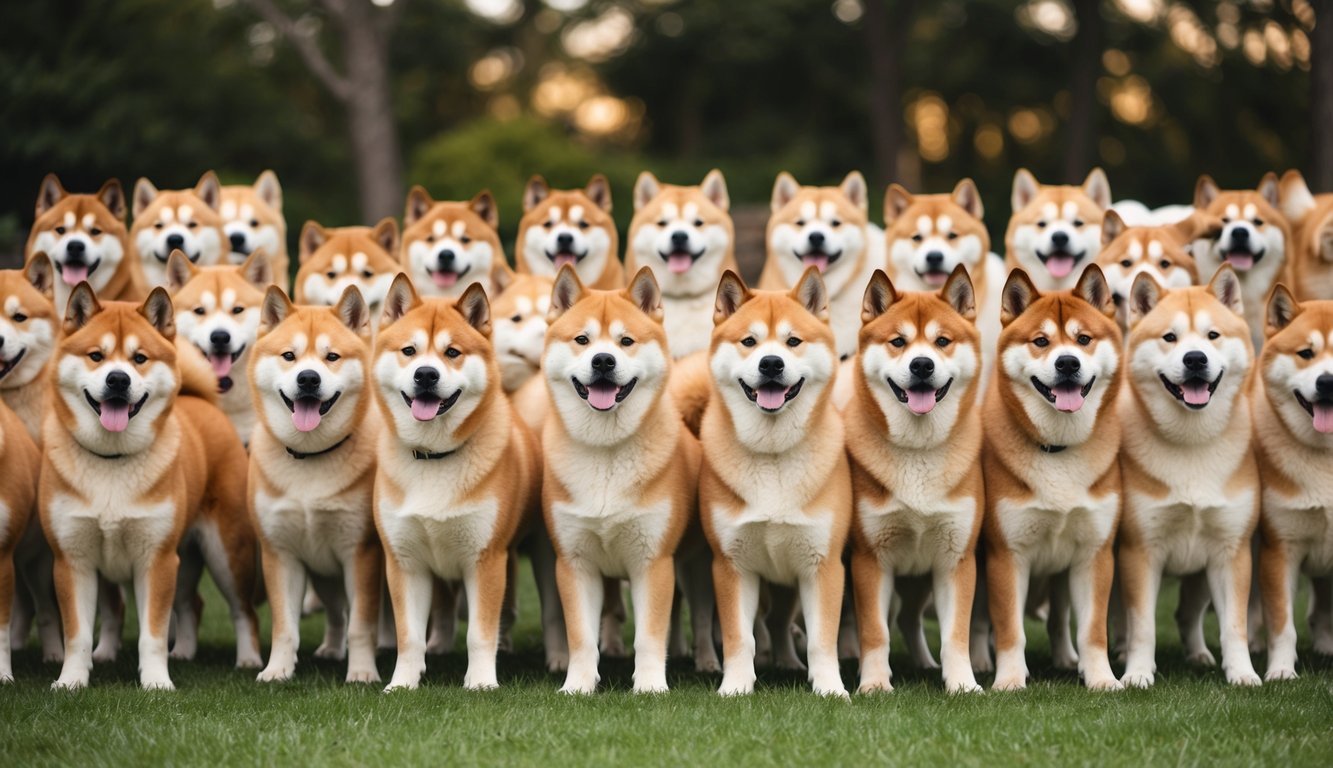A group of 20 Akita Inu dogs, both male and female, standing in a circle with their heads held high, displaying their strong and majestic appearance