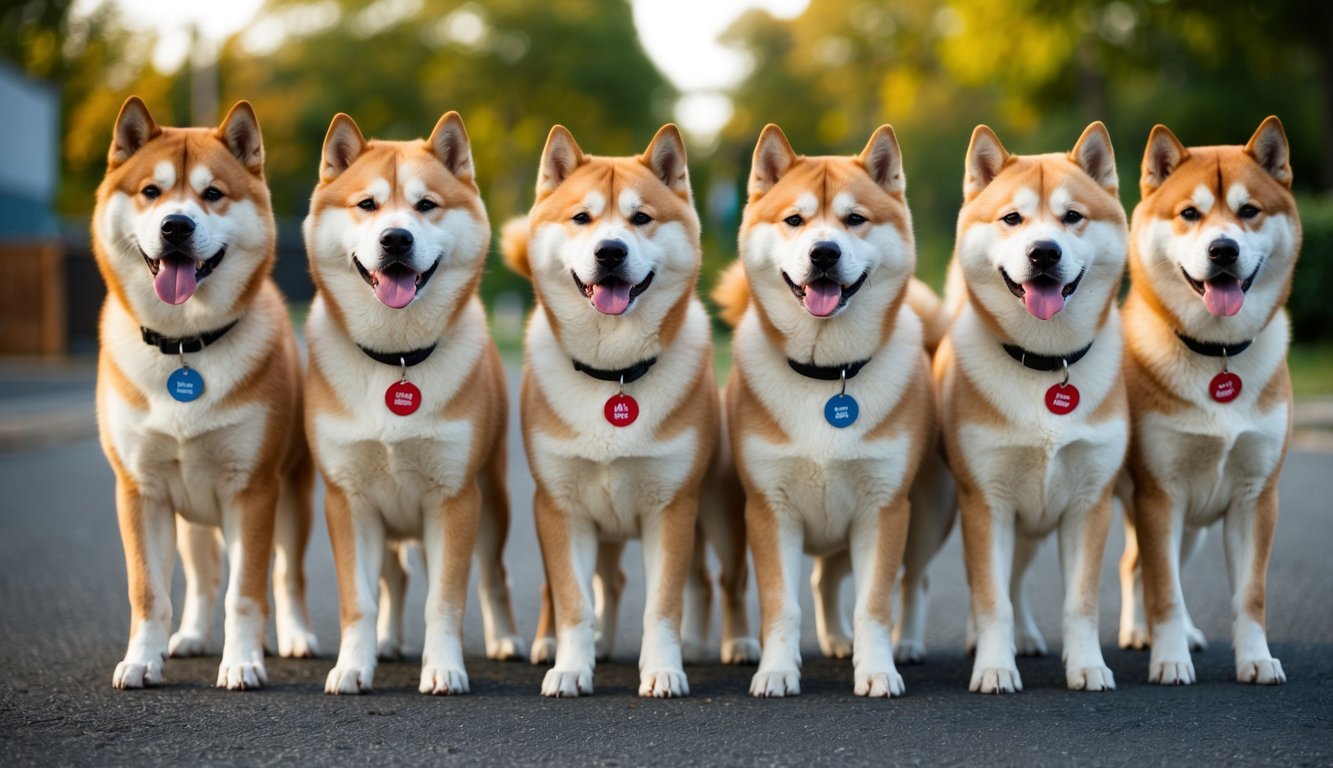 A group of 20 Akita Inu dogs standing in a row, each with a unique name tag around their necks