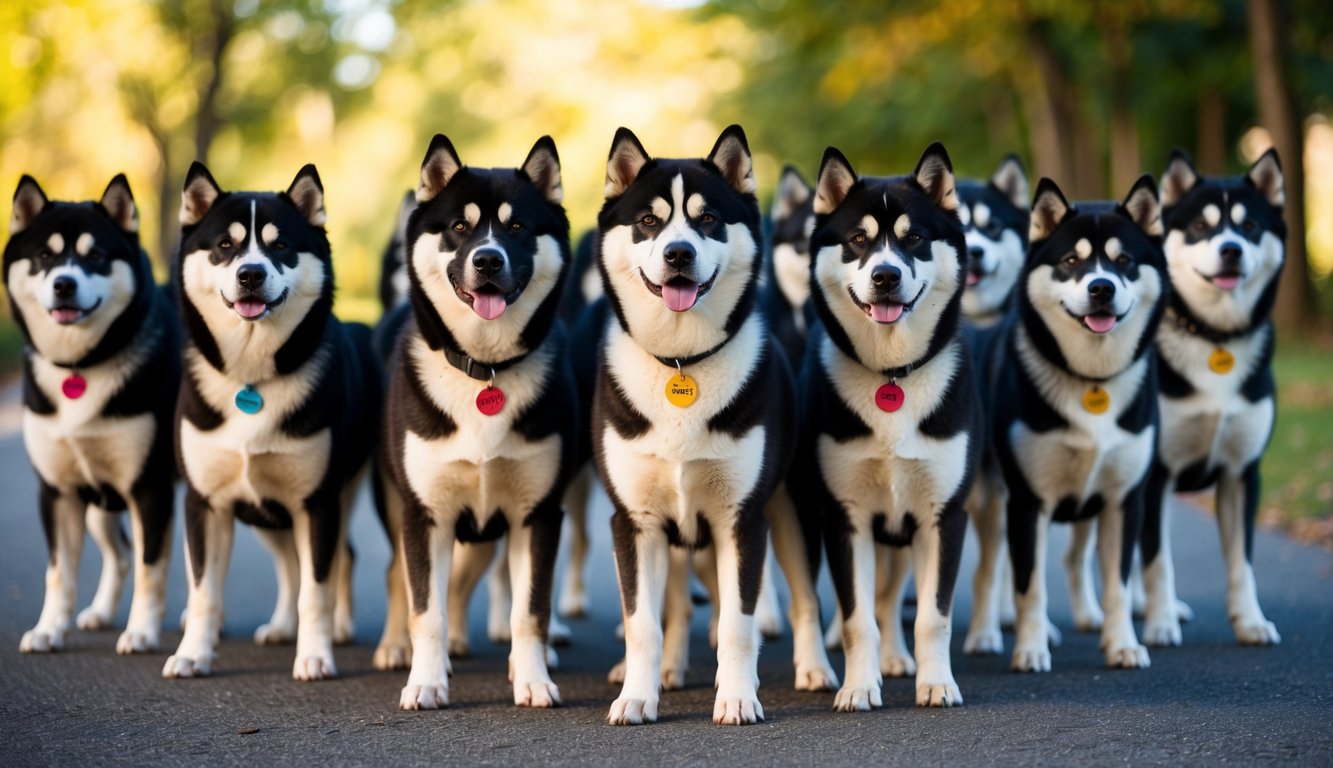 A group of 20 Akita Inu dogs standing in a row, each with a unique name tag around their necks