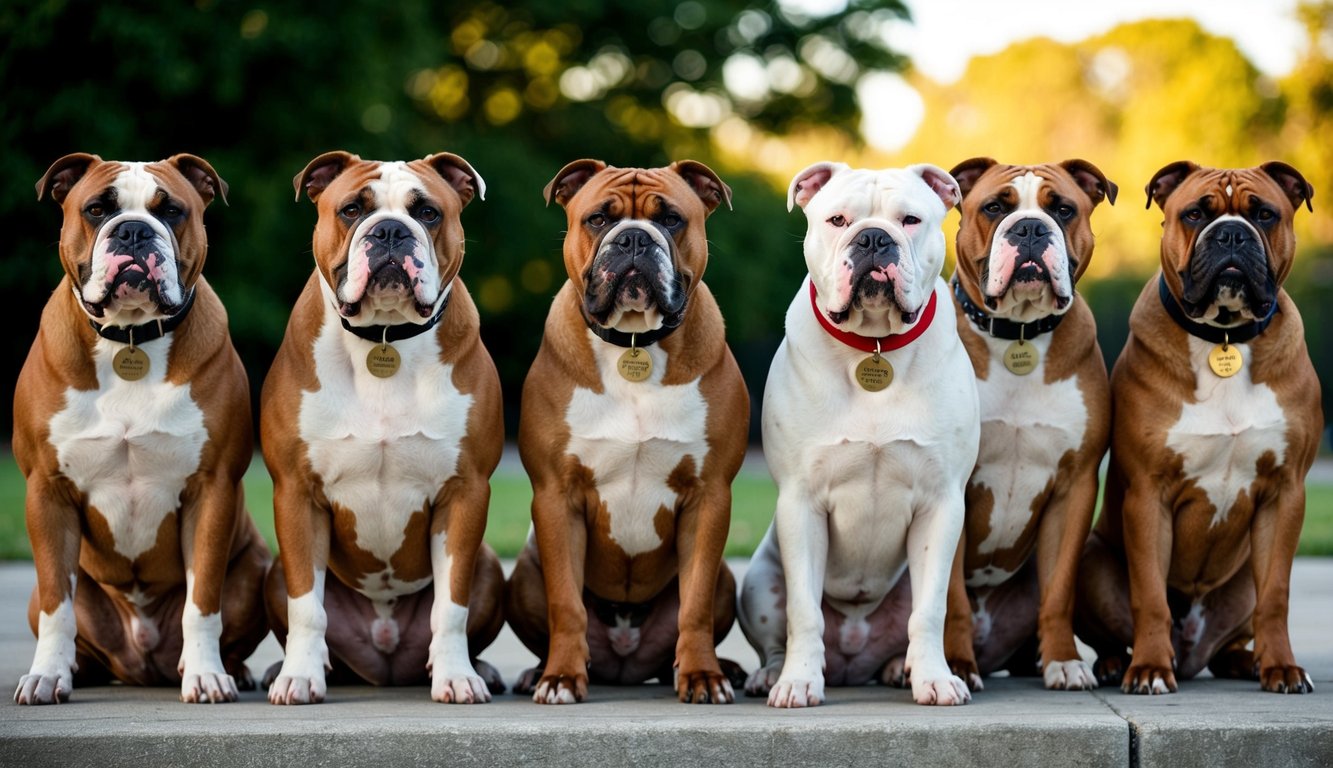 A group of 20 Alapaha Blue Blood Bulldogs sitting in a row, each with a unique name tag around their necks