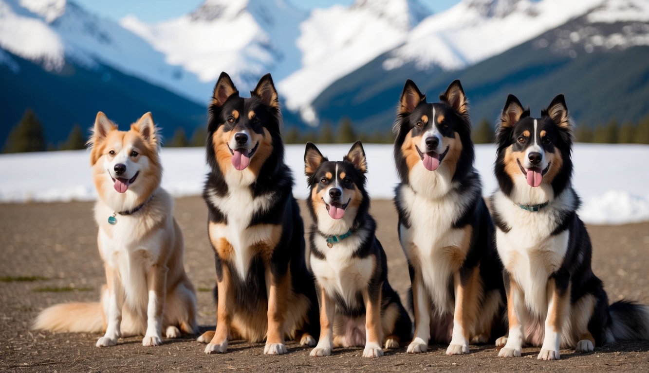 Several Alaskan Klee Kai dogs in various colors and sizes, sitting or standing in a natural outdoor setting with snow-capped mountains in the background