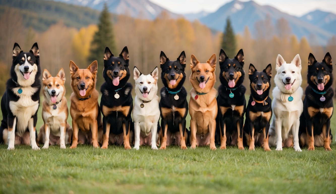 A group of 20 Alaskan Klee Kai dogs of various colors and sizes standing in a row, each with a unique name tag around their necks