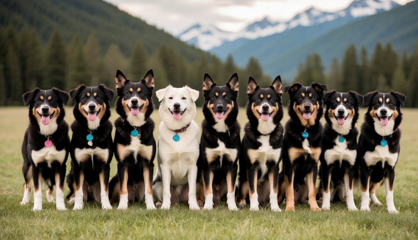 A group of 20 Alaskan Klee Kai dogs standing in a circle, each with a unique name tag around their necks