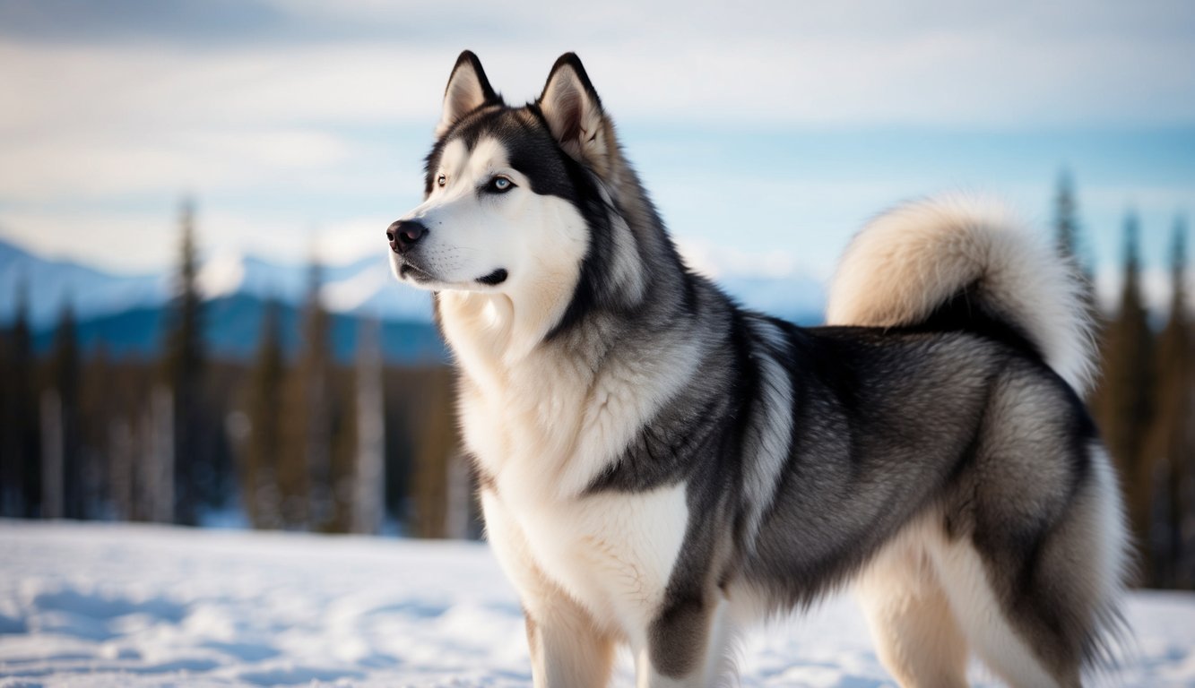 A majestic Alaskan Malamute stands proudly in a snowy wilderness, gazing off into the distance with a strong and noble presence