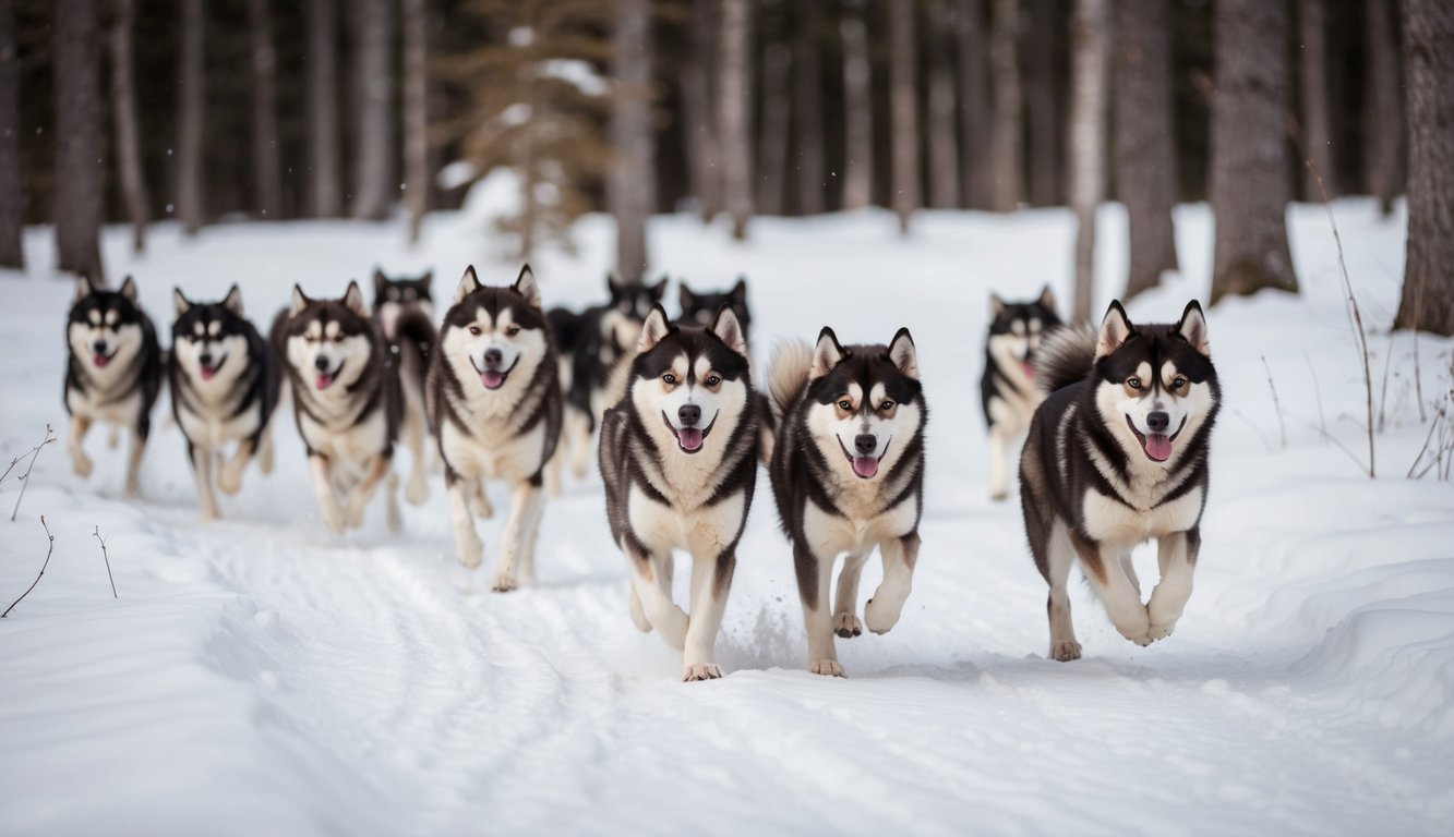 A pack of 20 Alaskan Malamutes running through a snowy forest