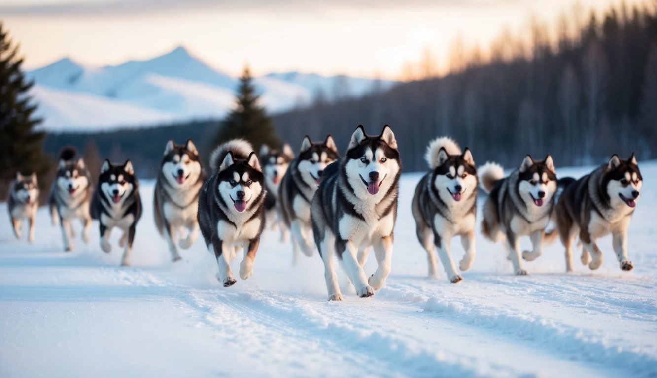 A pack of 20 Alaskan Malamutes running through a snowy landscape, their thick fur and powerful build on display