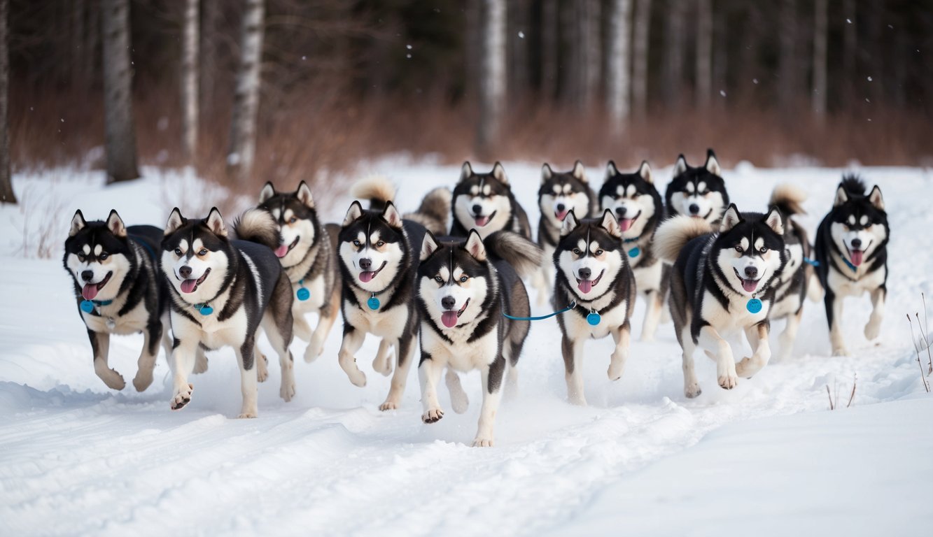 A pack of 20 Alaskan Malamutes running through a snowy forest, each with a unique name tag hanging from their collars