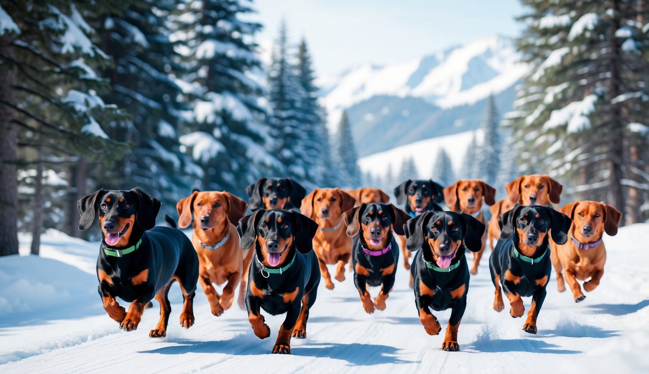 A pack of 20 female Alpine Dachsbracke dogs running through a snowy alpine forest