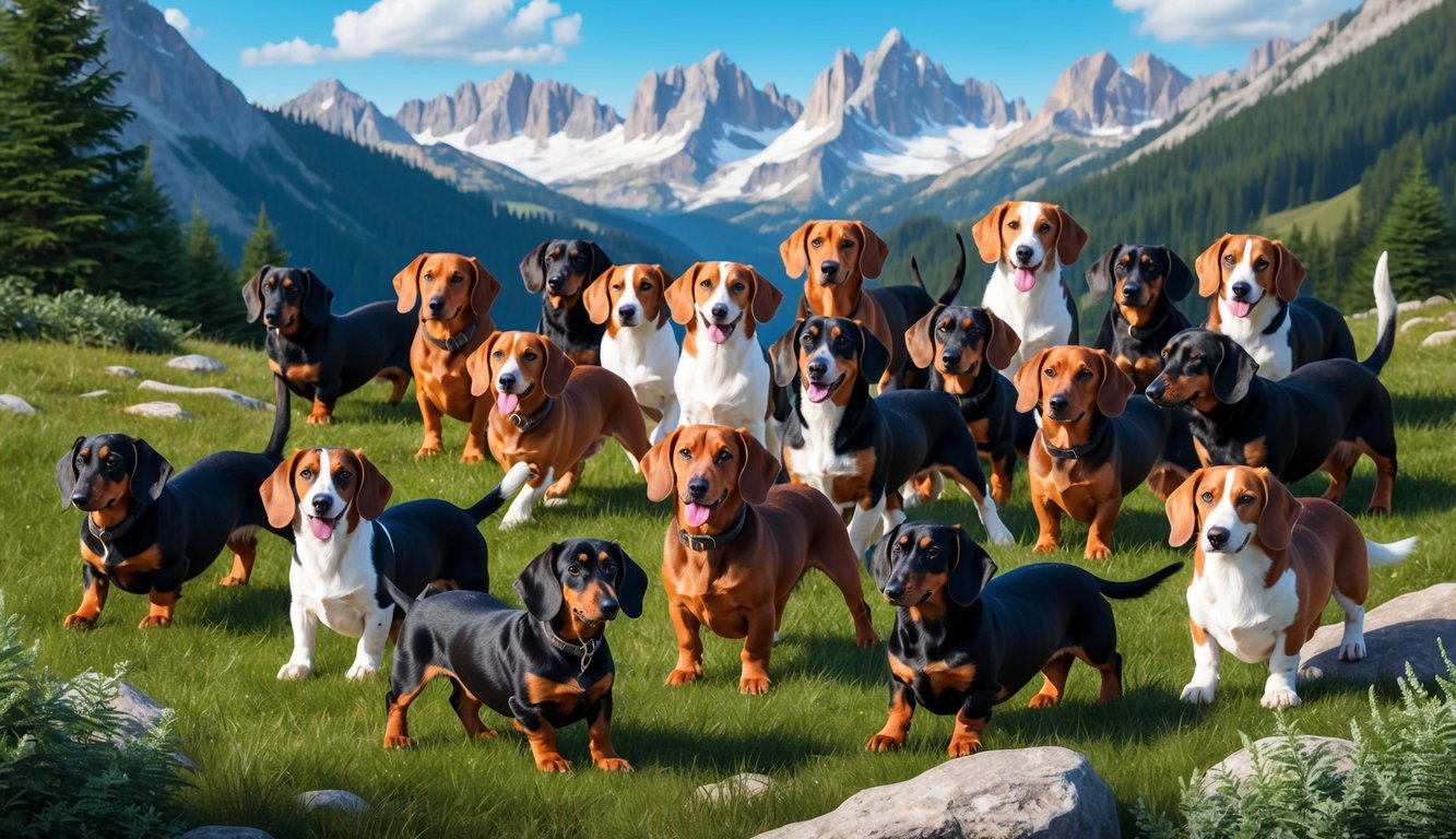 A group of 20 Alpine Dachsbracke dogs gather in a mountainous landscape, their tails wagging as they play and explore