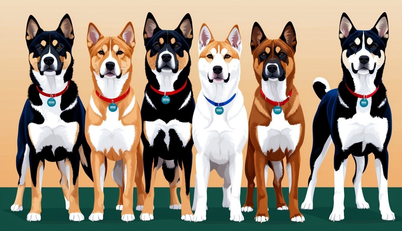 A group of American Akitas standing in a row, each with a unique name tag around their necks