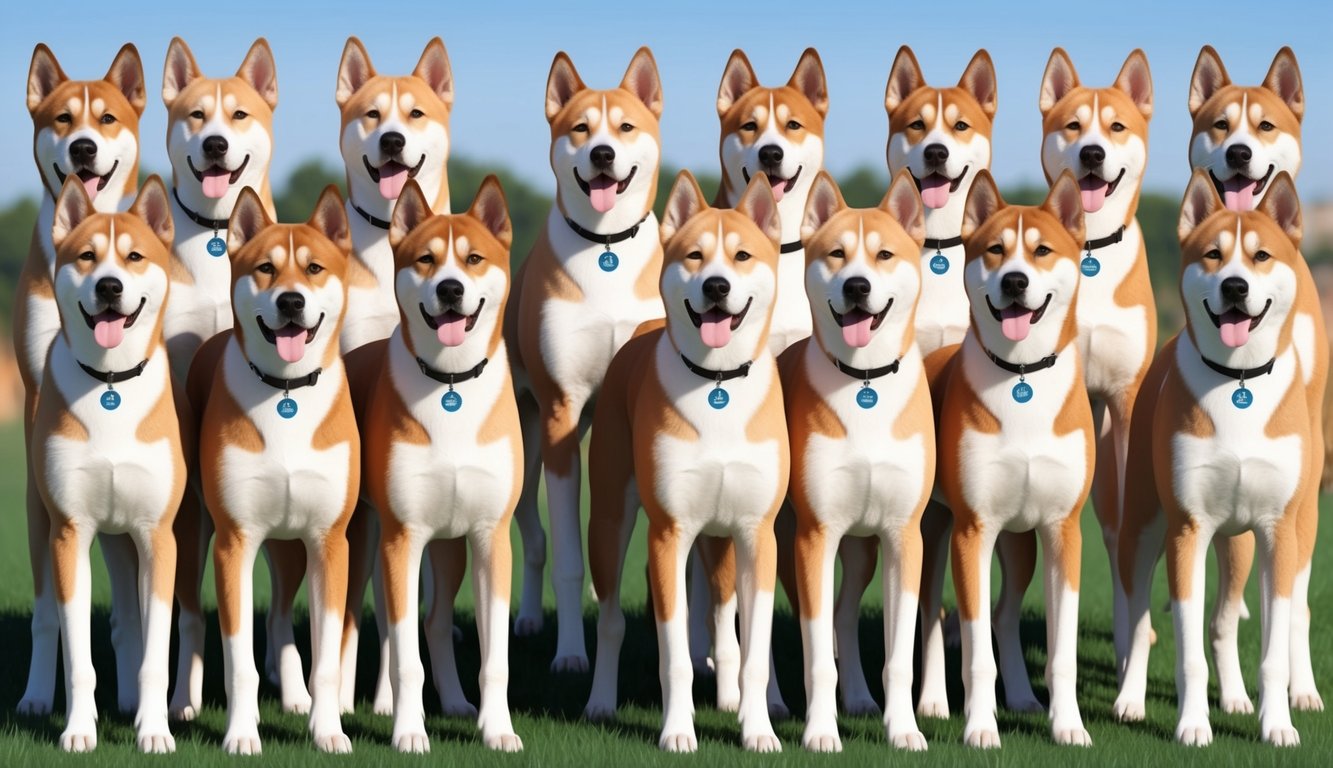 A group of 20 American Akitas standing in a row, each with a unique name tag around their necks