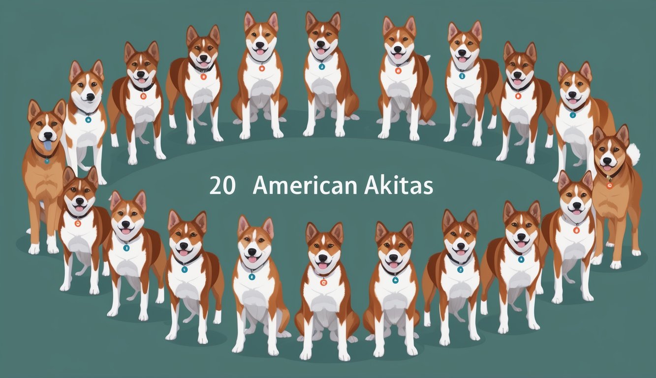 A group of 20 American Akitas standing in a circle, each with a unique name tag around their necks