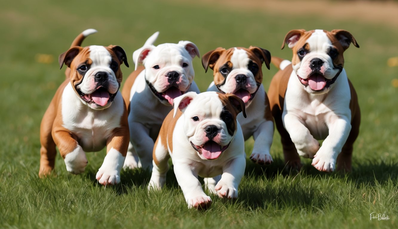 A group of American Bulldog puppies playfully romp in a grassy field, their tails wagging and tongues lolling as they chase each other