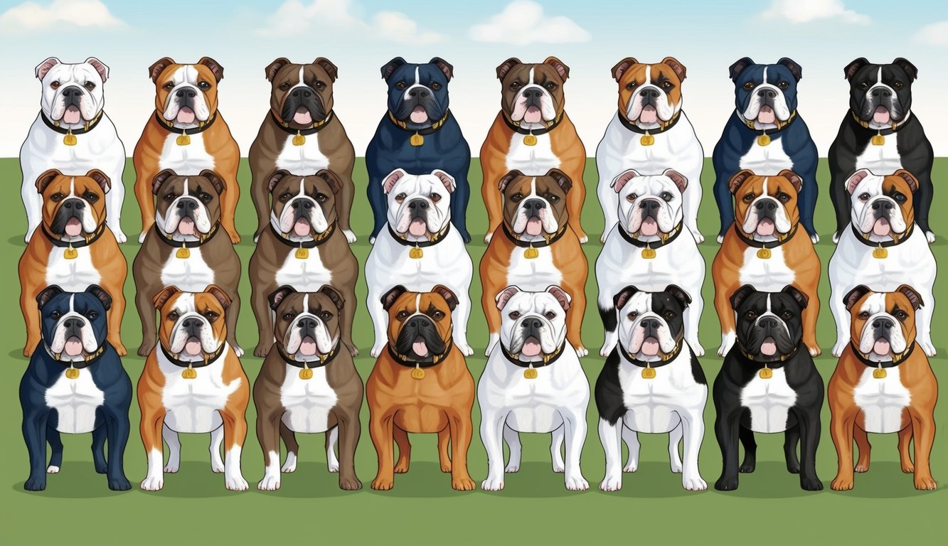 A group of 20 American Bulldogs of various colors and sizes standing in a row, each wearing a collar with a unique name tag
