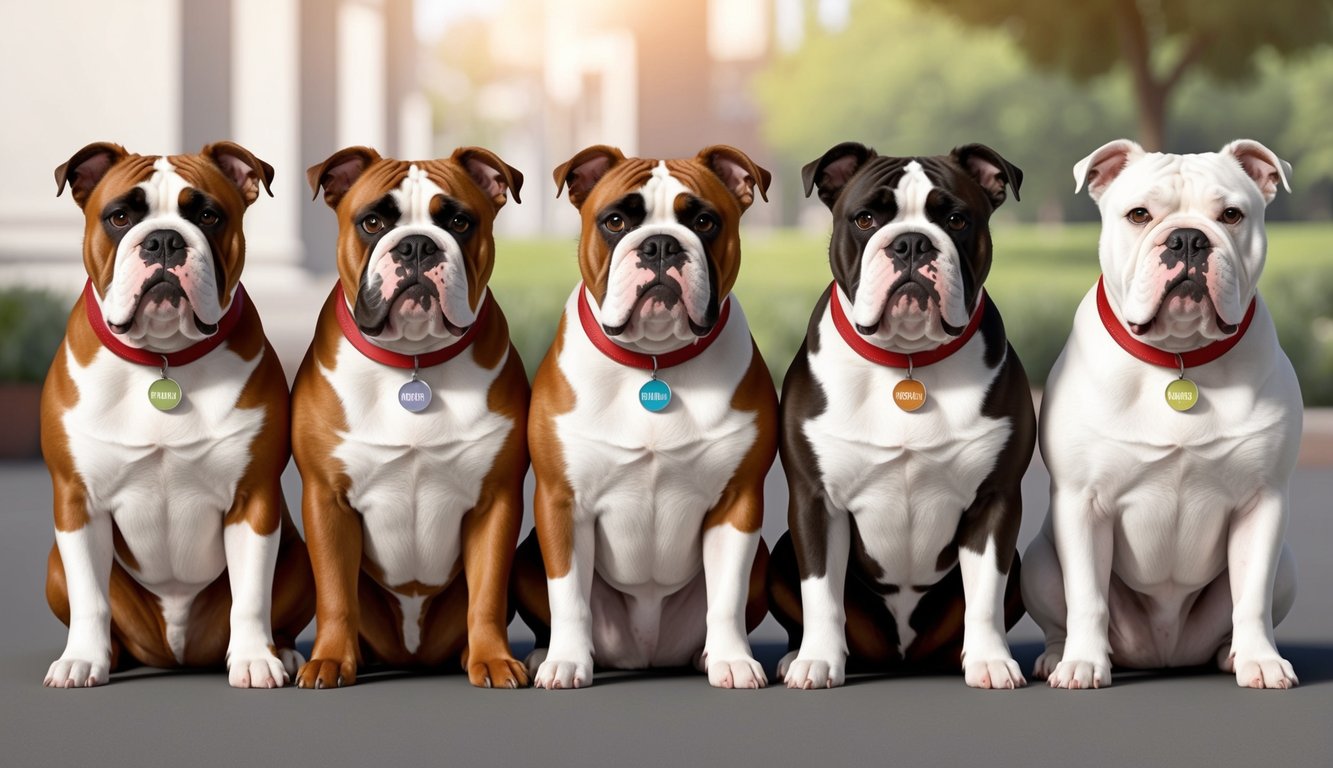 A group of American Bulldogs sitting in a row, each with a unique name tag around their necks, looking alert and attentive