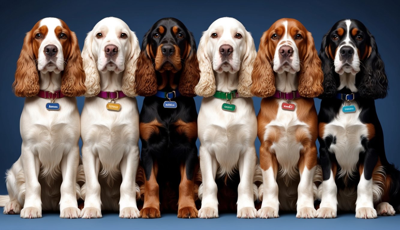 A group of American Cocker Spaniels sitting in a row, each with a unique name tag around their necks