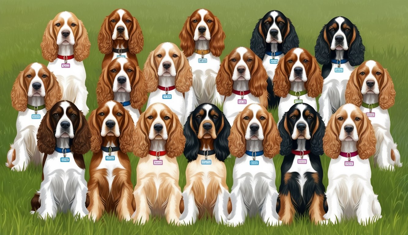 A group of 20 American Cocker Spaniels gather in a grassy meadow, each with a unique name tag around their necks