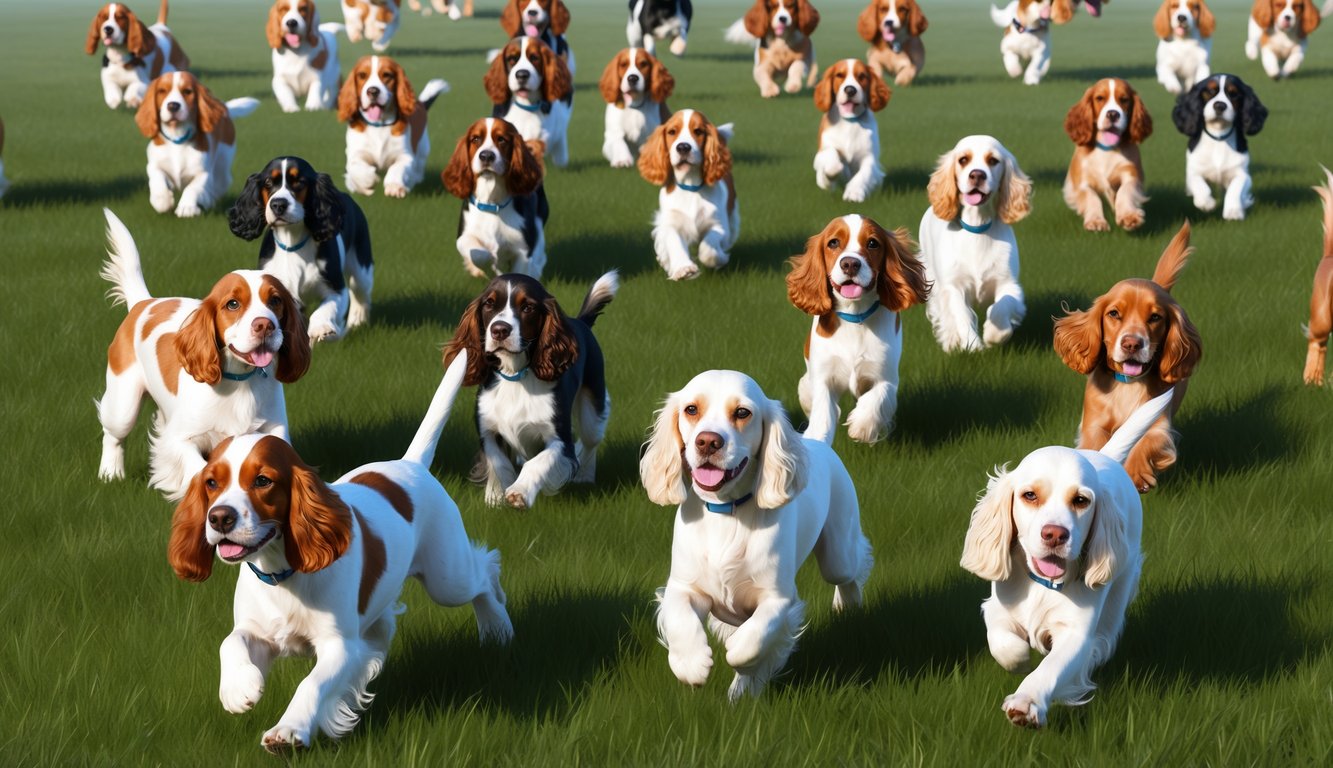 A group of 20 American Cocker Spaniels of various colors and sizes playing in a grassy field