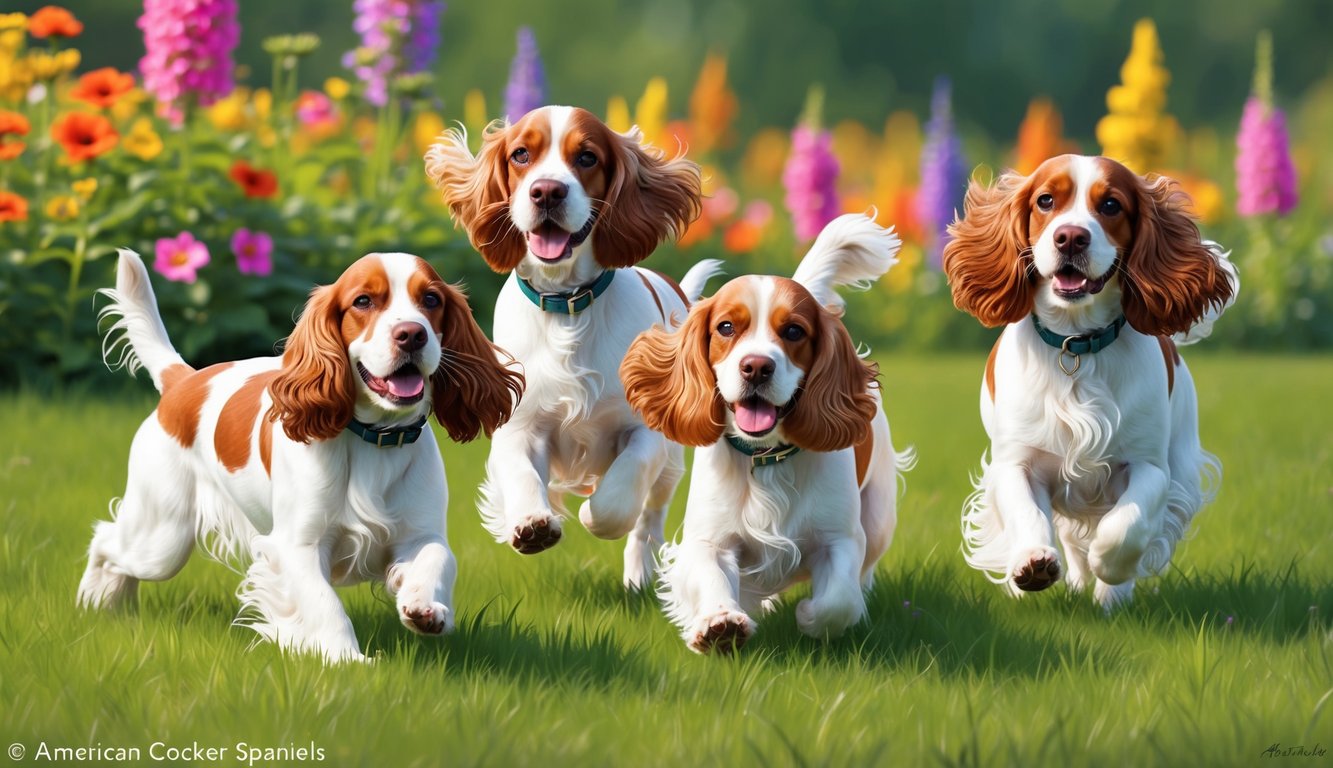 A group of American Cocker Spaniels playing in a lush, green meadow with colorful flowers in the background