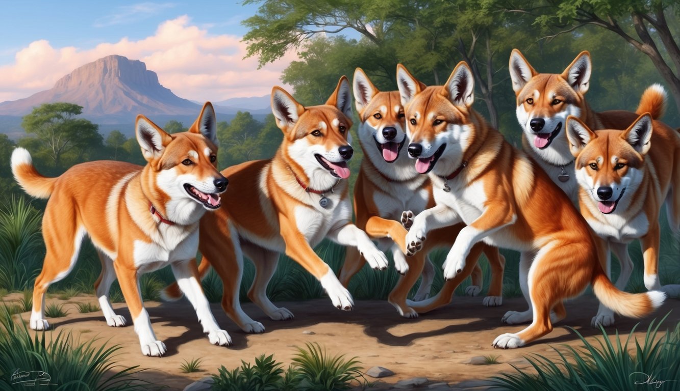 A group of American Dingoes playfully interacting in a natural setting, displaying their distinct features and personalities