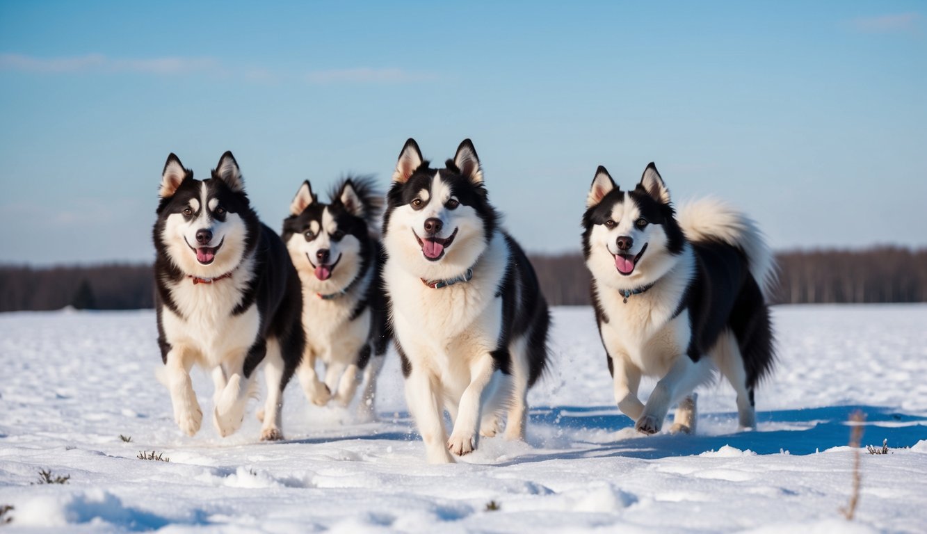 A group of American Eskimo dogs playing in a snowy field, with a clear blue sky in the background