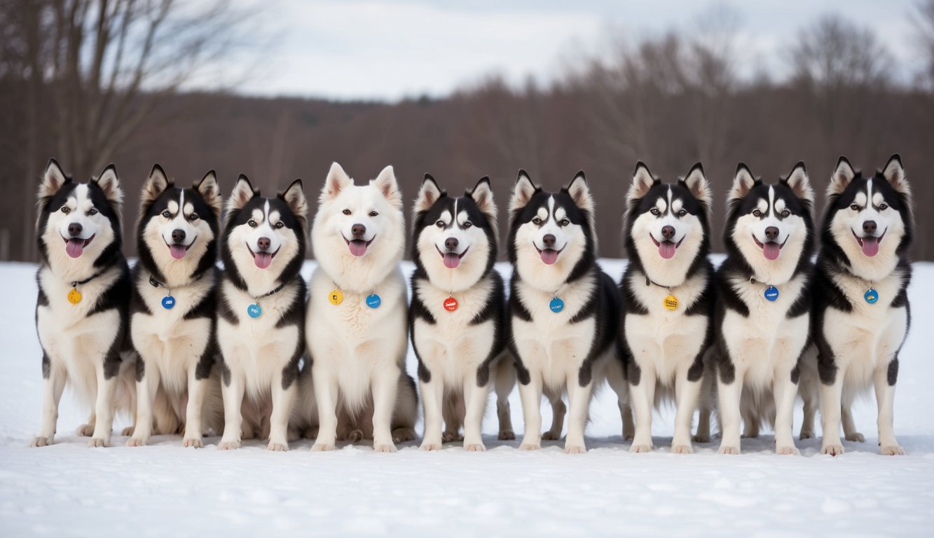 A group of 20 American Eskimo dogs standing in a snowy landscape, each with a unique name tag around their necks