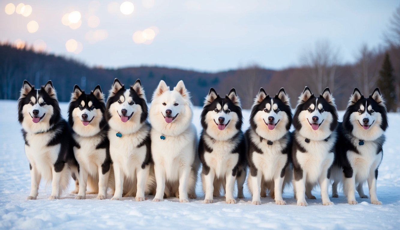 A group of 20 American Eskimo dogs standing together in a snowy landscape, their fluffy white fur contrasting against the winter backdrop