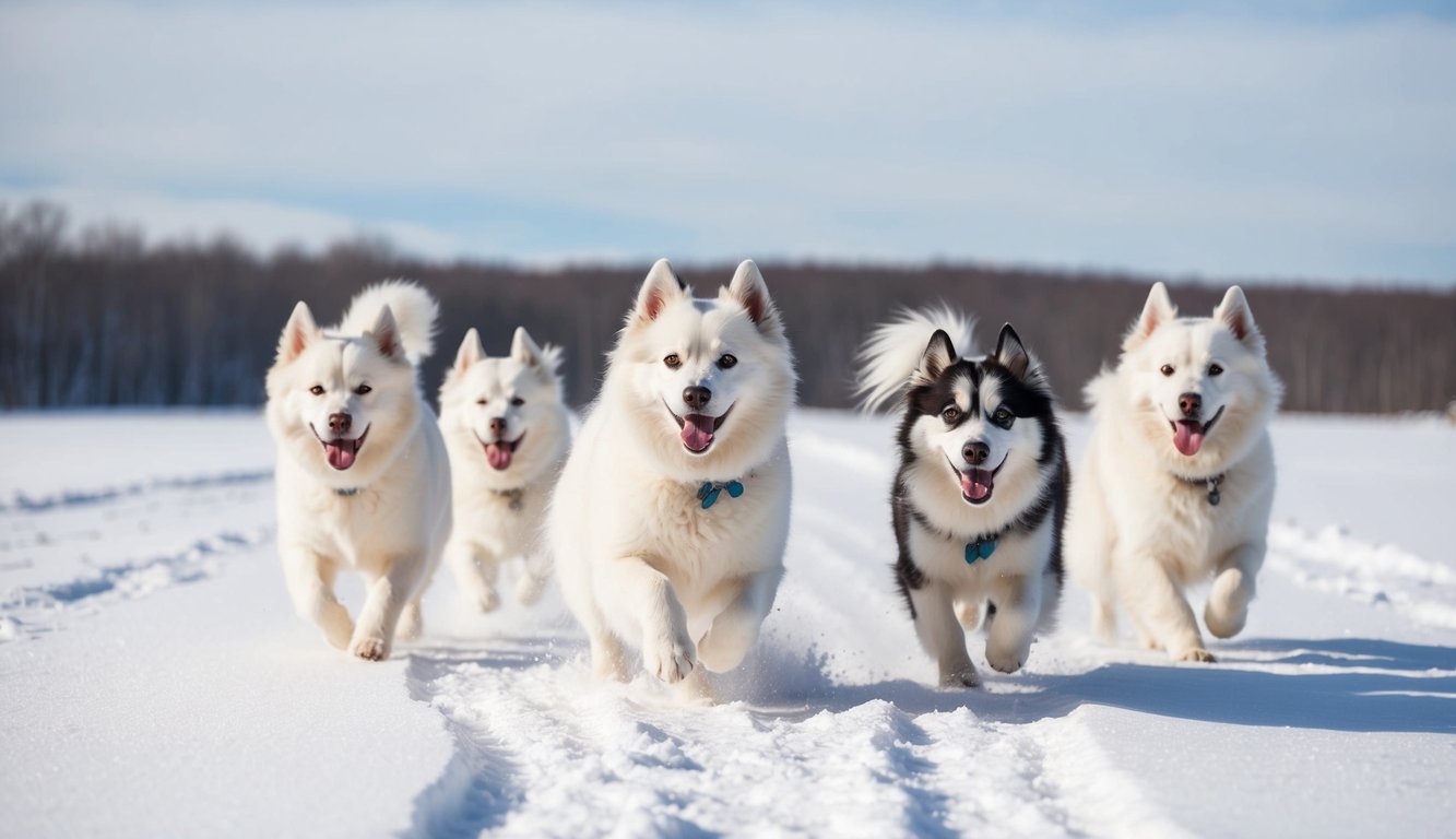 A group of American Eskimo dogs playfully frolic in a snowy, winter wonderland, their fluffy white coats contrasting against the pristine landscape