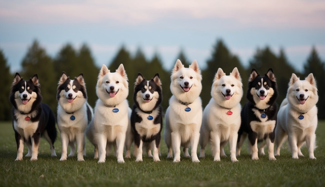 A group of American Eskimo dogs standing in a circle, each with a unique name tag around their necks