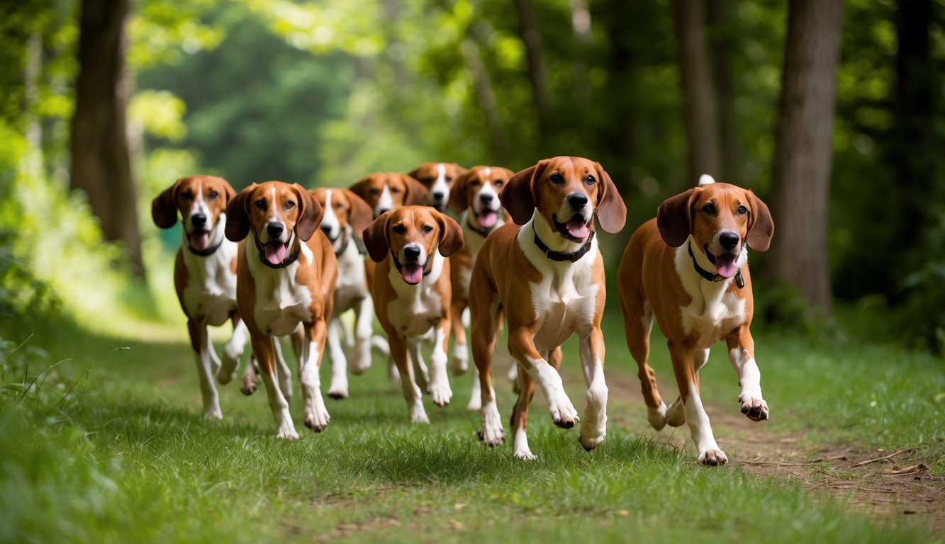 A pack of American Foxhounds running through a lush forest, their ears and tails alert as they follow a scent trail