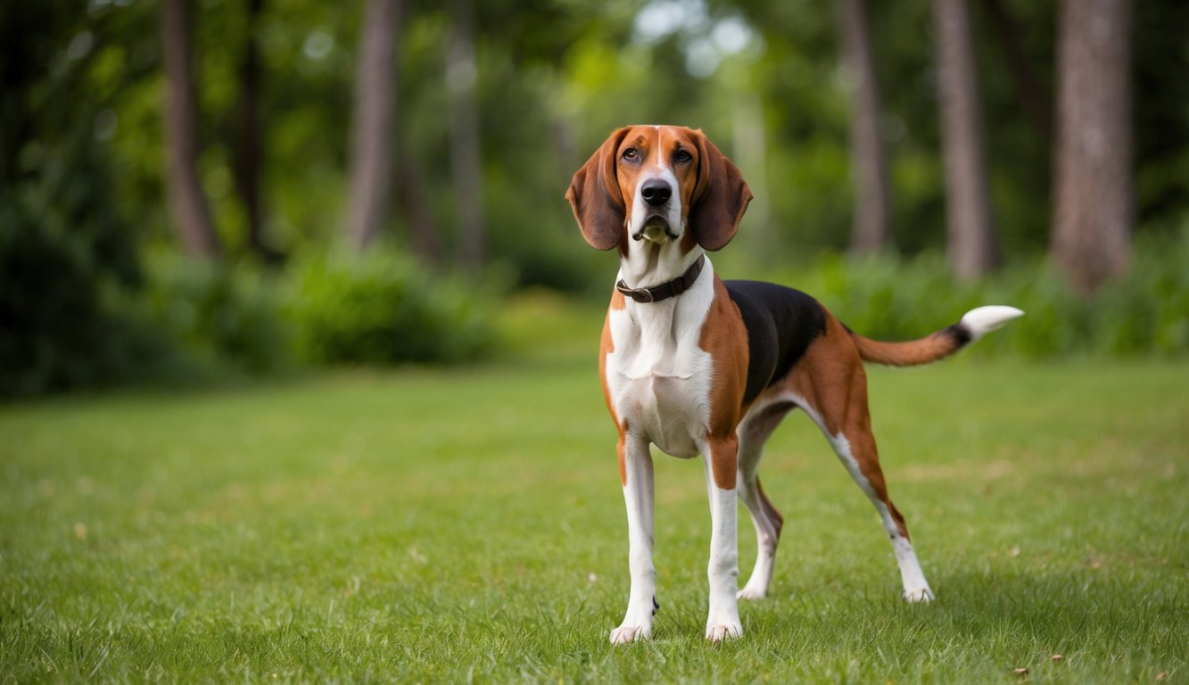 A proud American Foxhound stands alert in a lush, wooded area, ears perked and tail wagging