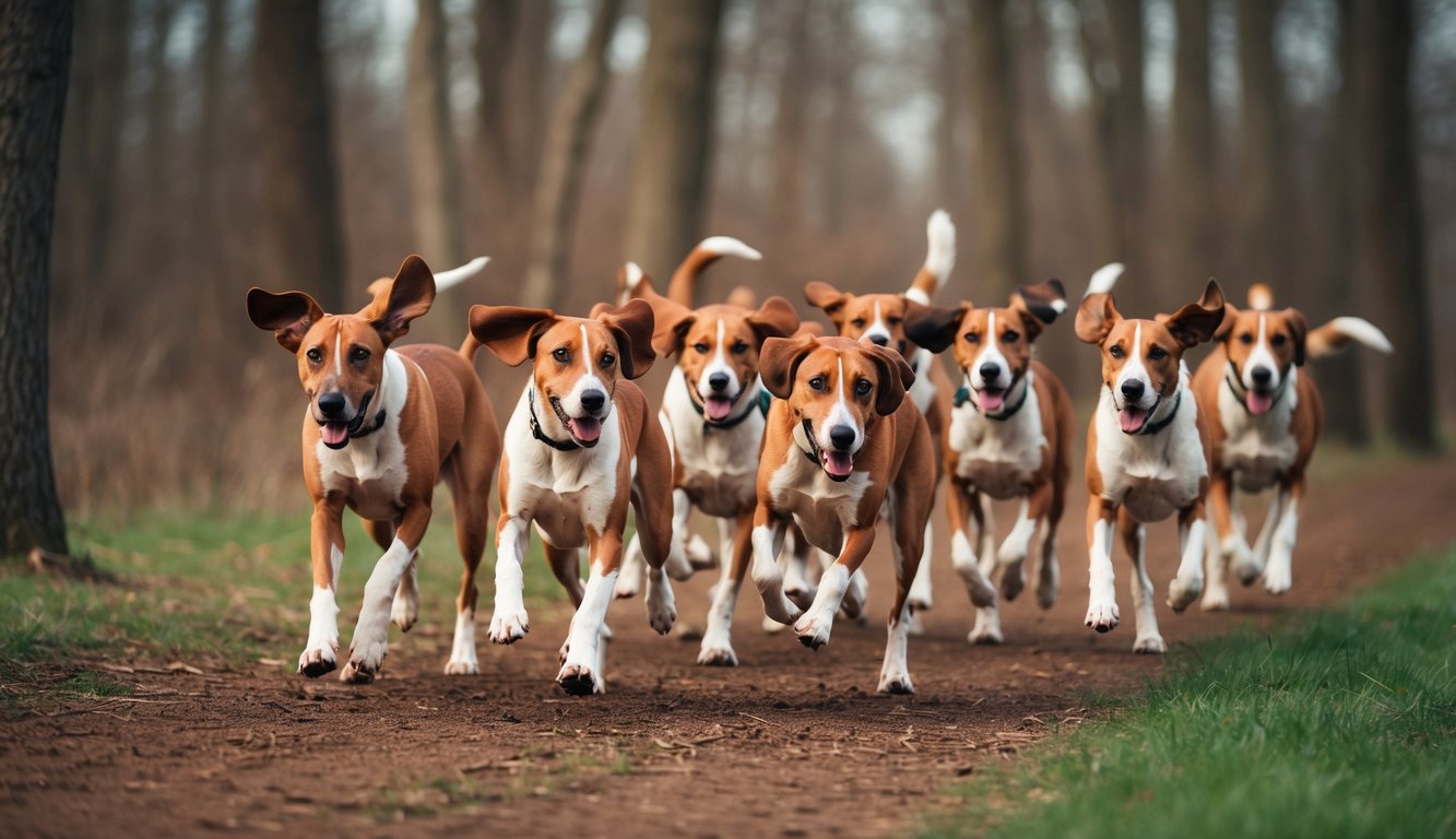 A pack of American Foxhounds running through a forest, their ears flapping and tails wagging as they respond to their names being called