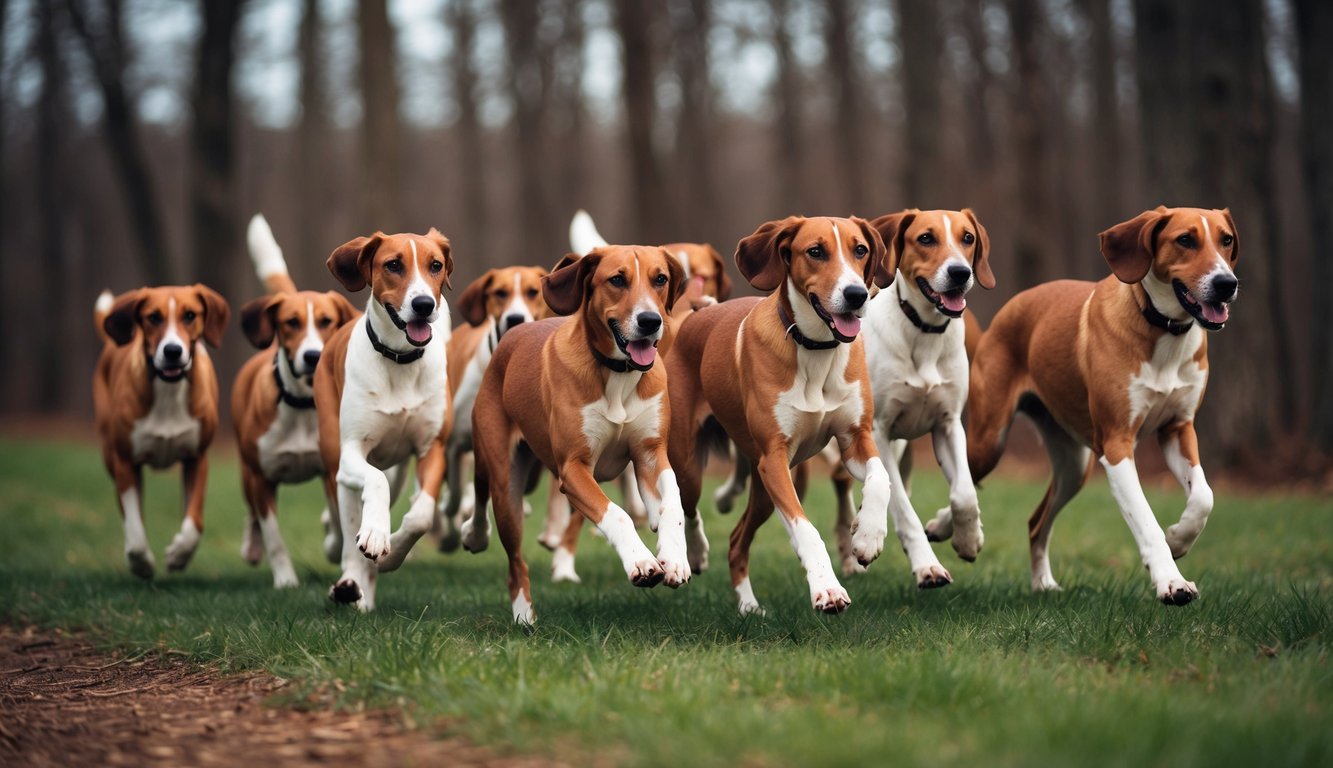 A pack of American Foxhounds running through a forest, their sleek bodies and alert ears capturing the essence of their names