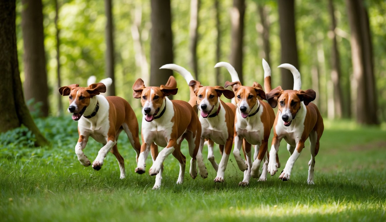A pack of American Foxhounds running through a lush forest, their ears and tails in motion as they chase after a scent