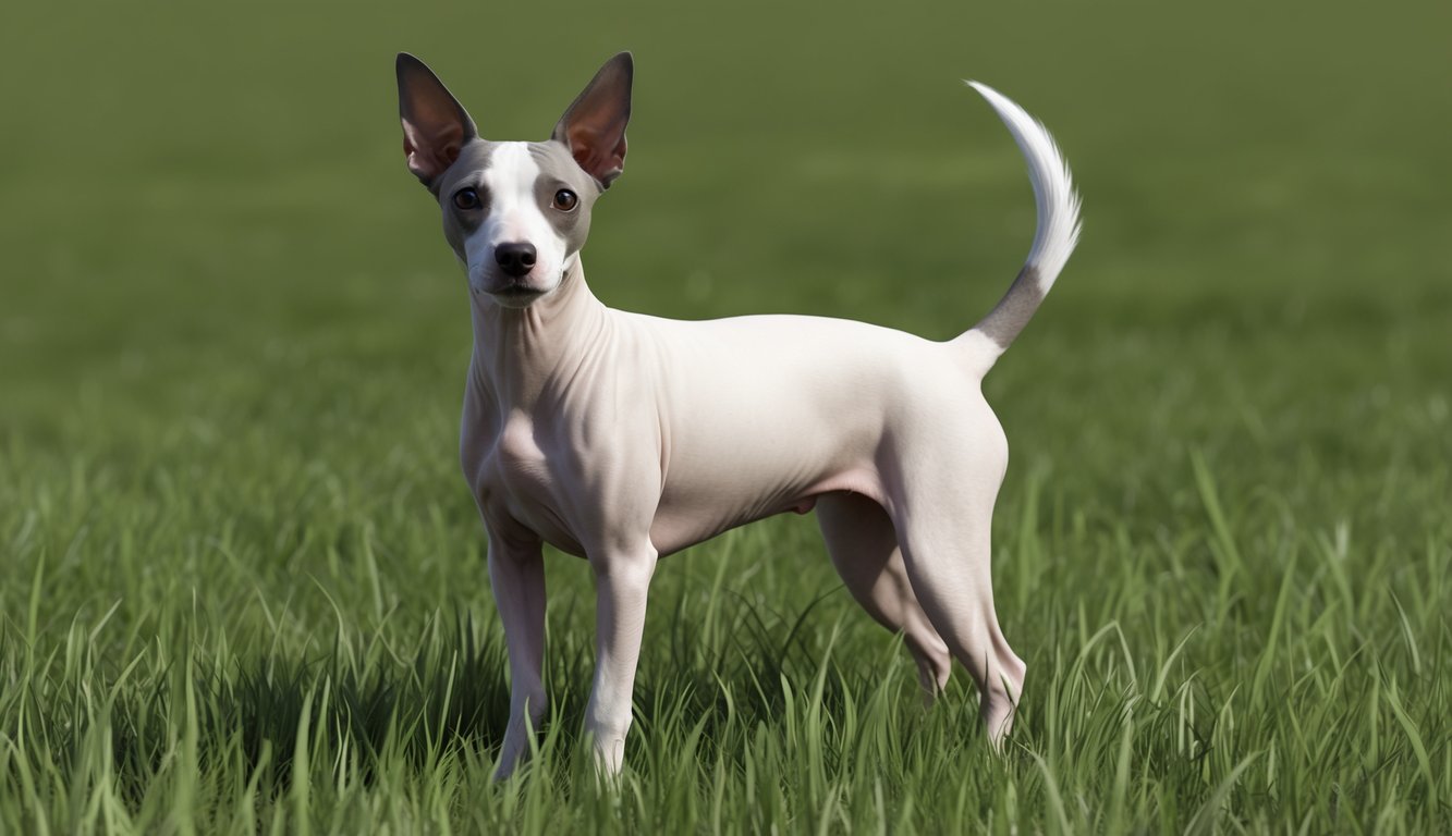 An American Hairless Terrier stands proudly in a grassy field, its alert ears perked up and its tail wagging