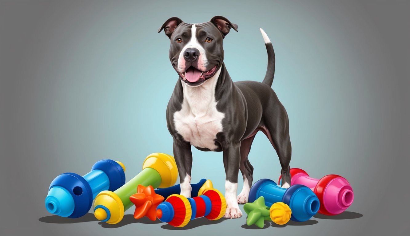 An American Pit Bull Terrier standing proudly with a wagging tail, surrounded by a collection of colorful dog toys