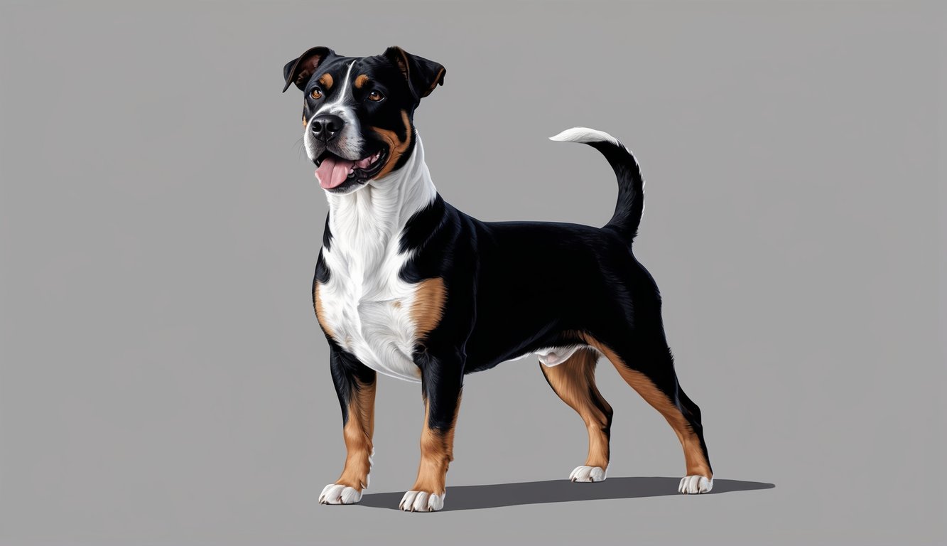 An American Staffordshire Terrier standing proudly with a wagging tail, exuding confidence and strength
