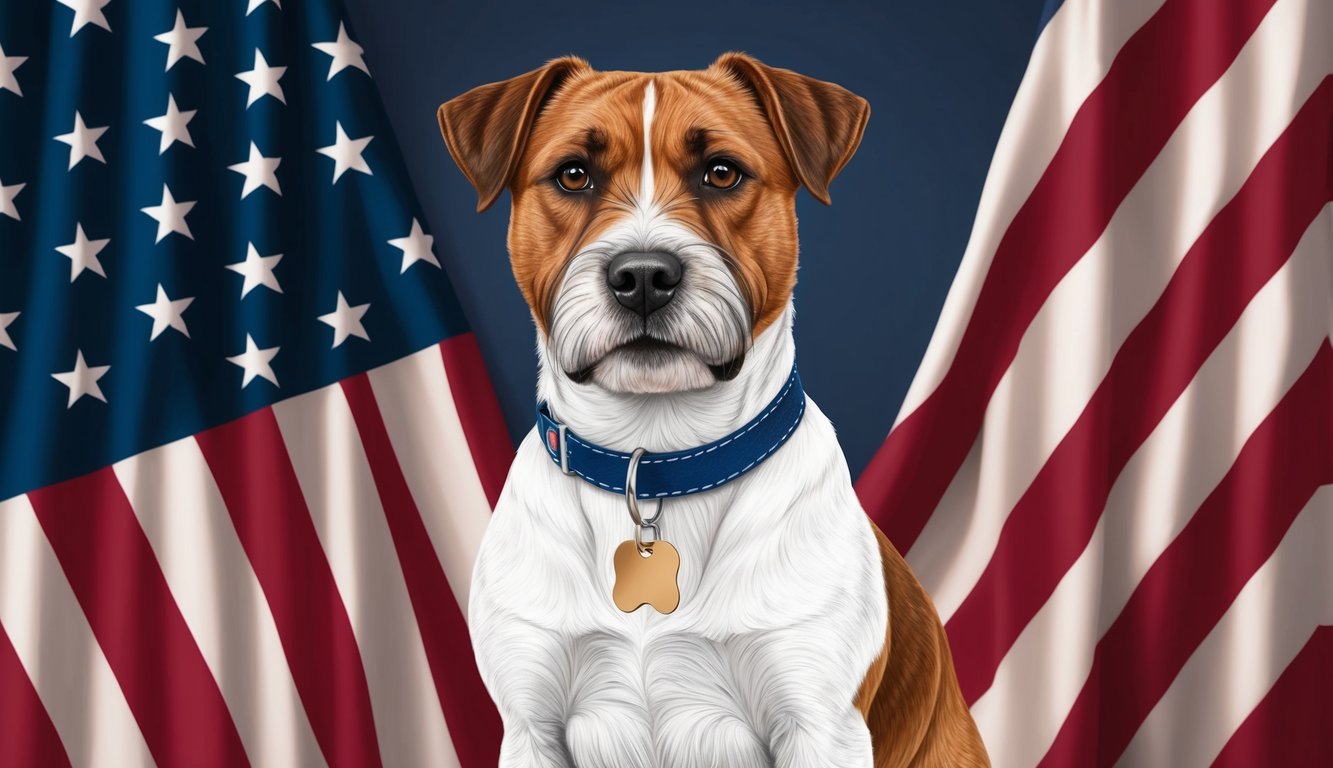 An American Staffordshire Terrier standing proudly in front of a backdrop of the American flag, with a name tag hanging from its collar