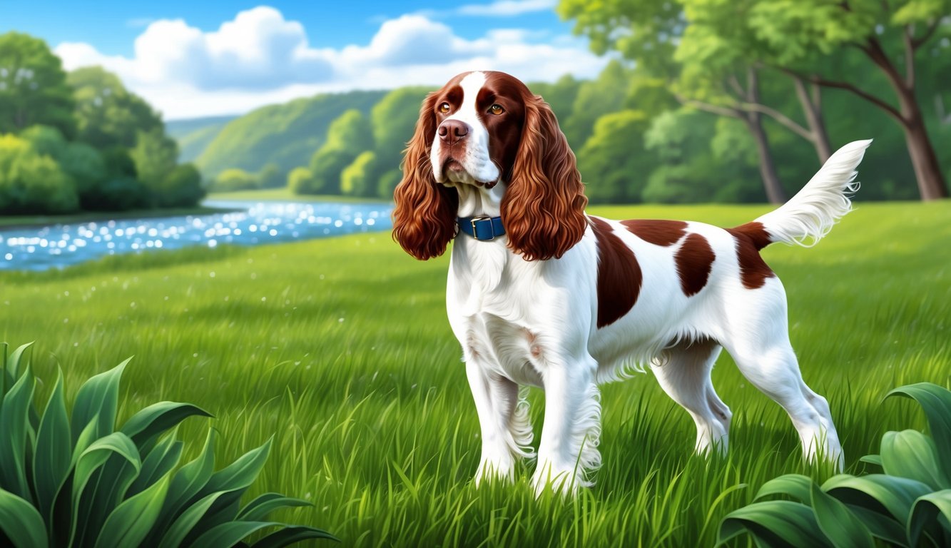 An American Water Spaniel standing proudly in a lush, green field with a sparkling river in the background