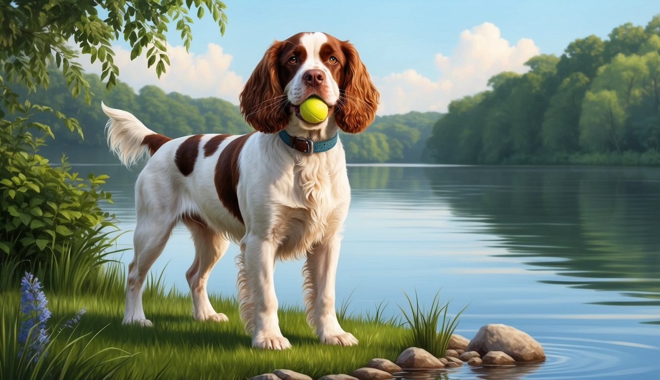 An American Water Spaniel standing by a calm lake, surrounded by lush greenery and with a ball in its mouth