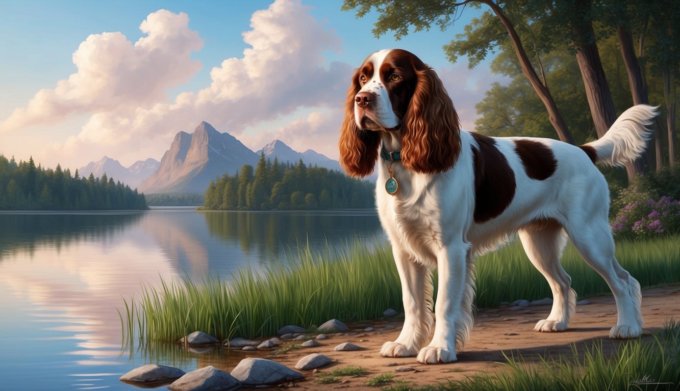 An American Water Spaniel standing proudly by a tranquil lake